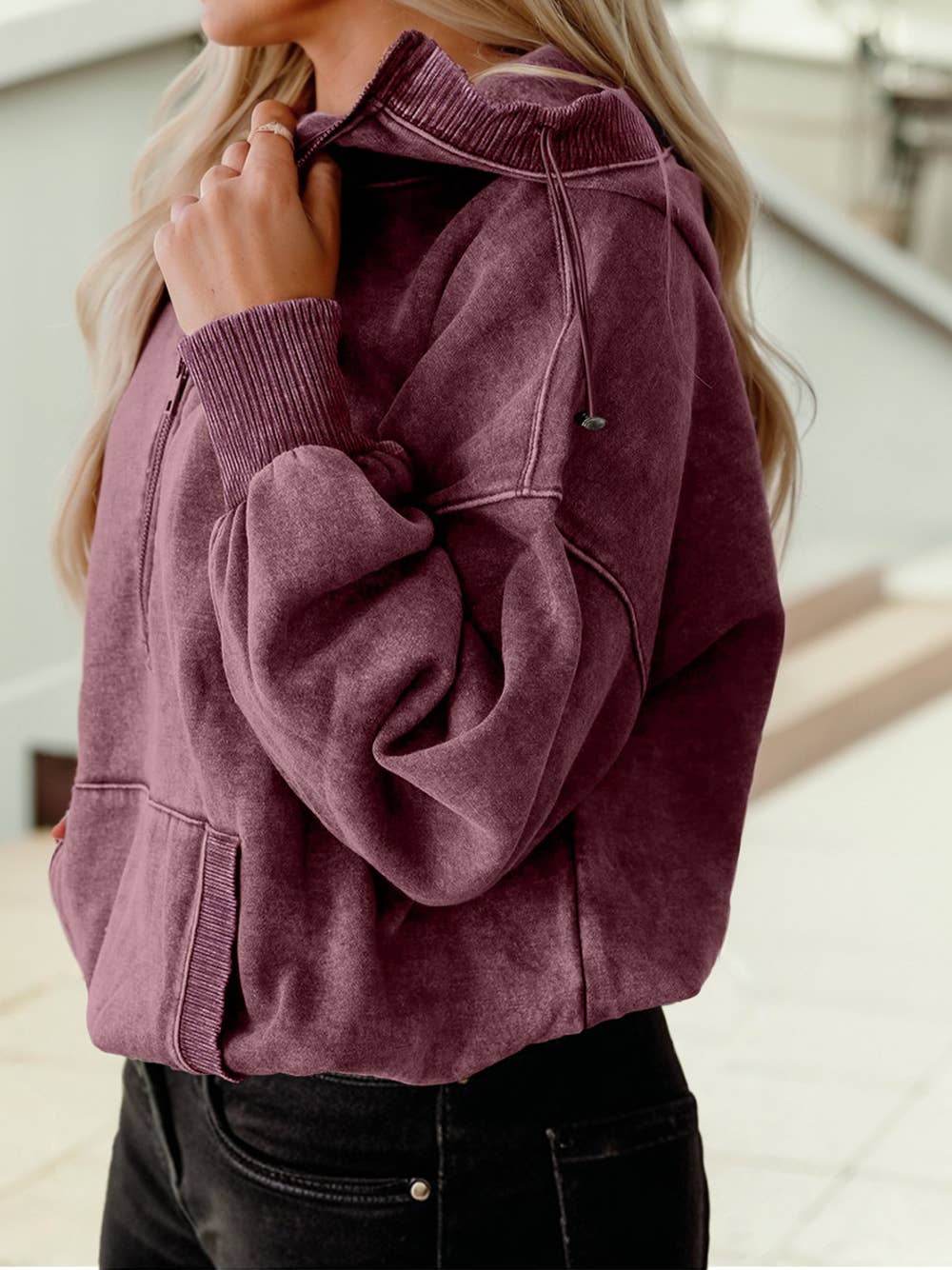 Half Zip Kangaroo Pocket Mineral Wash Baggy Hoodie