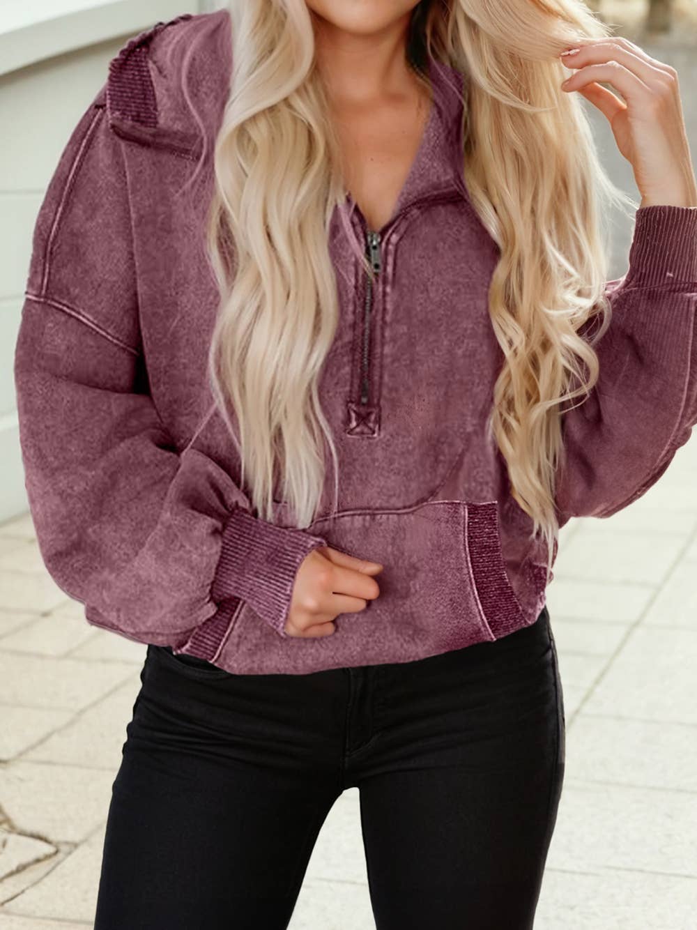 Half Zip Kangaroo Pocket Mineral Wash Baggy Hoodie