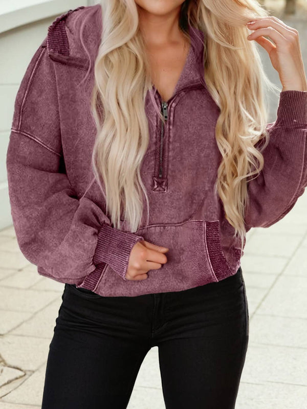 Half Zip Kangaroo Pocket Mineral Wash Baggy Hoodie