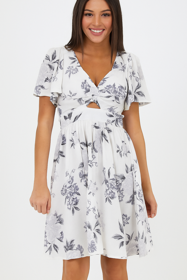 V Neck Twist Front Short Sleeve Cut Out Dress