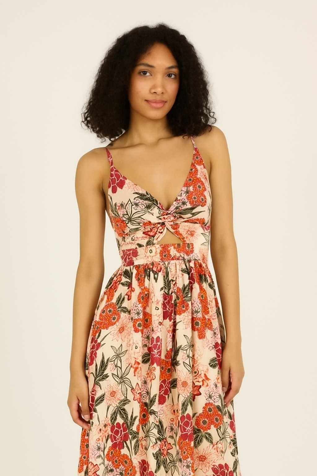 V Neck Twist Front Midi Length Sun Dress