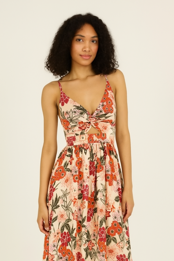 V Neck Twist Front Midi Length Sun Dress