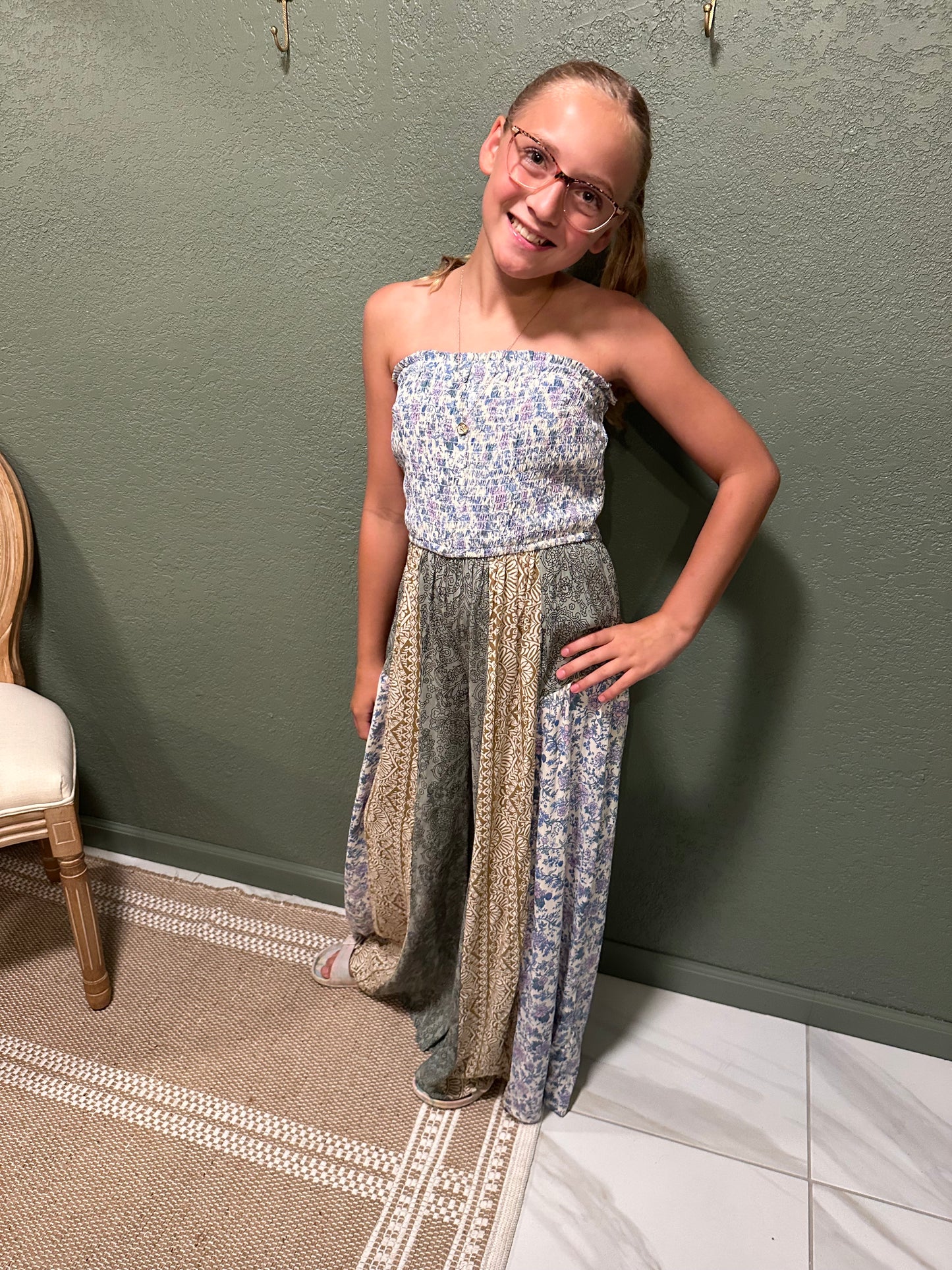 Smocked Tube Wide Leg Mixed Print Jumpsuit