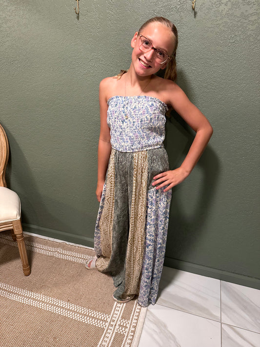 Smocked Tube Wide Leg Mixed Print Jumpsuit