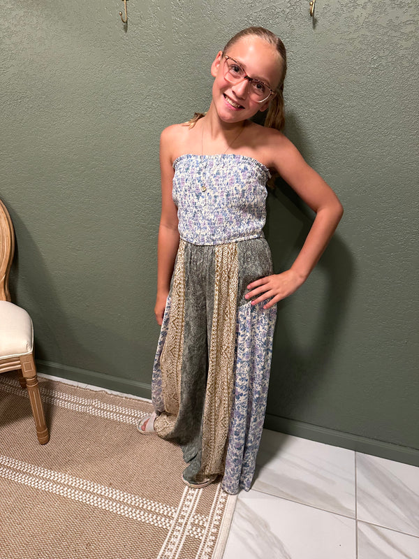 Smocked Tube Wide Leg Mixed Print Jumpsuit