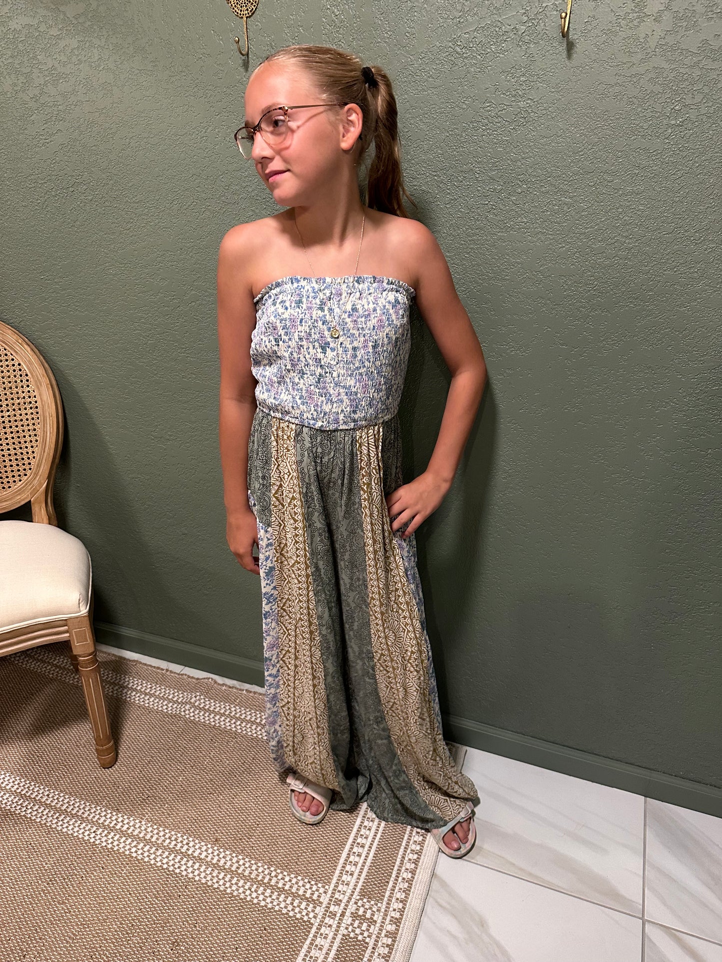 Smocked Tube Wide Leg Mixed Print Jumpsuit