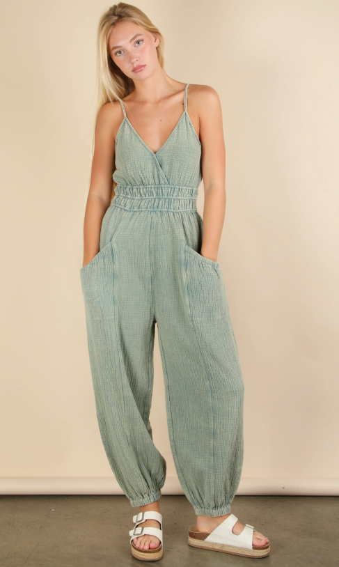 Mineral Washed Cotton Gauze Casual Jumpsuit