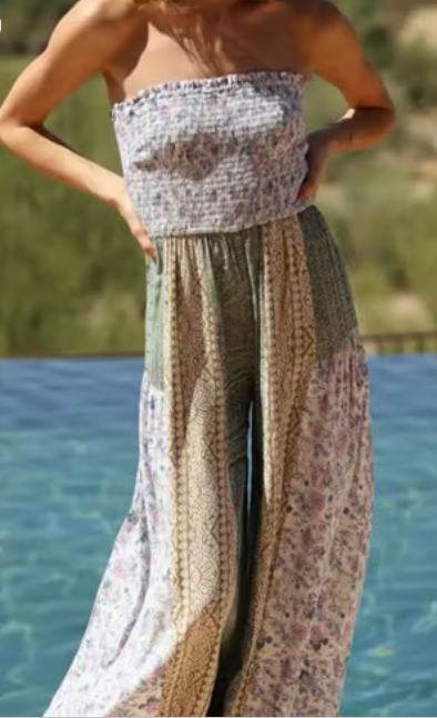 Smocked Tube Wide Leg Mixed Print Jumpsuit