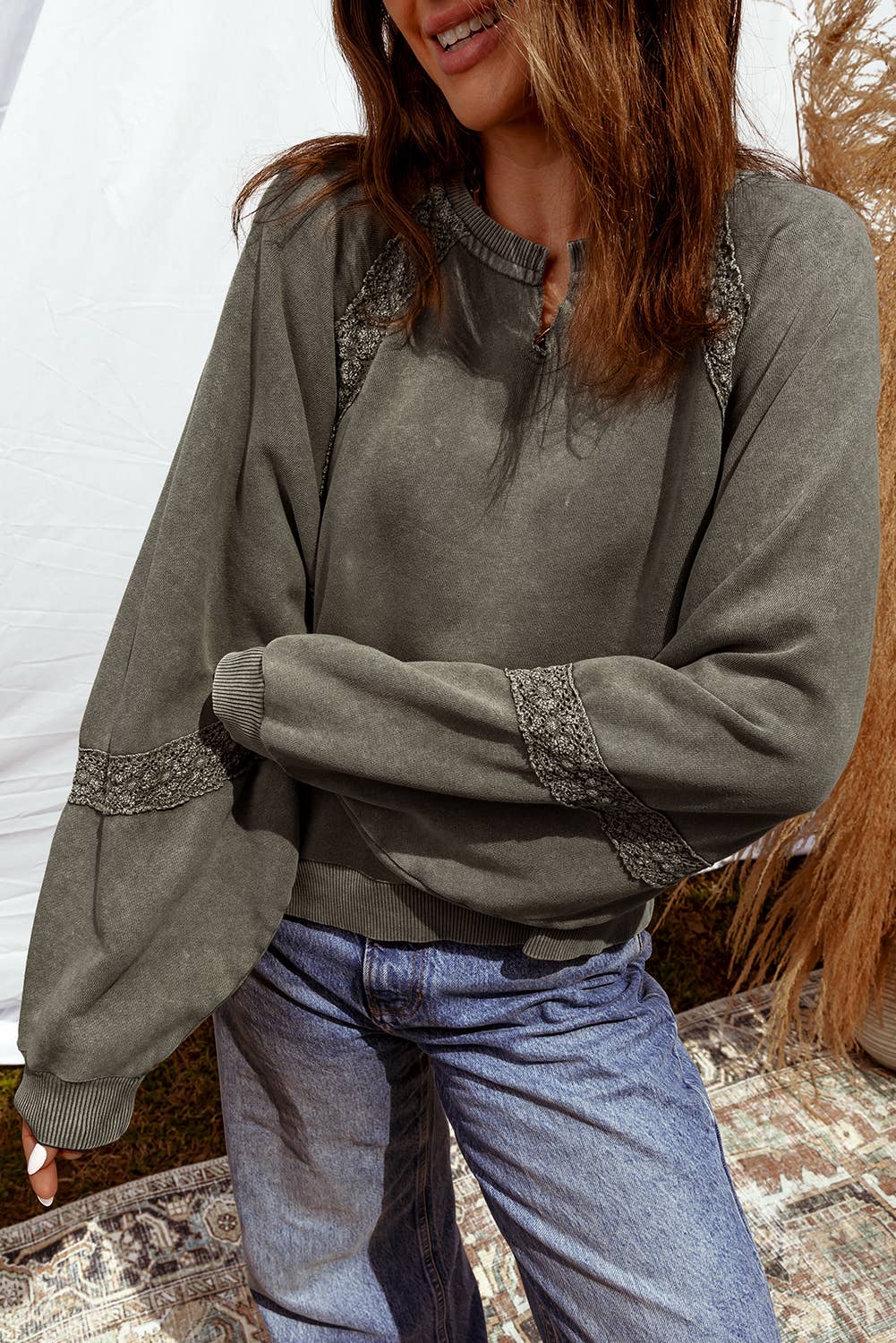 Lace Patchwork Mineral Wash Sweatshirt