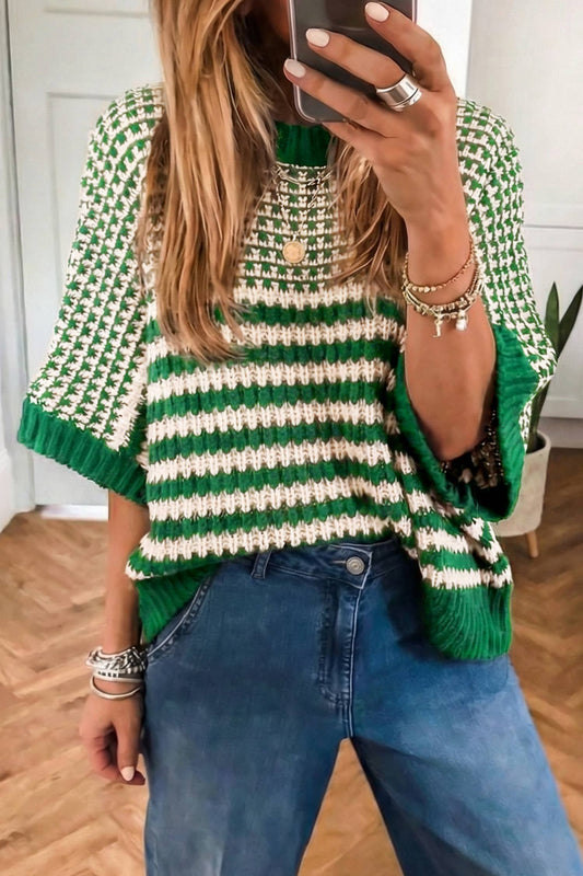 Green Striped 3/4 Sleeve Sweater